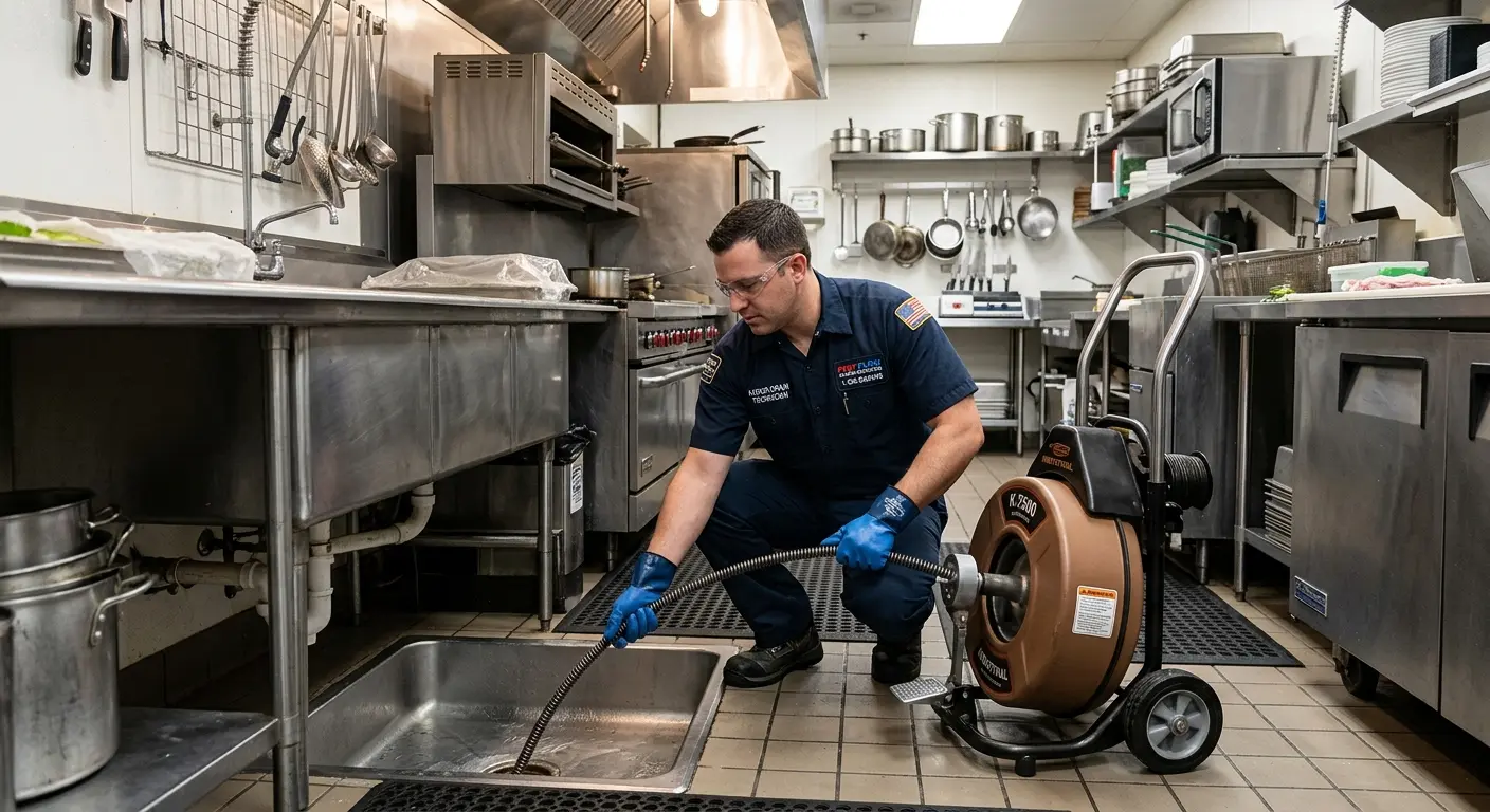 Commercial drain cleaning service in a restaurant kitchen in Marion