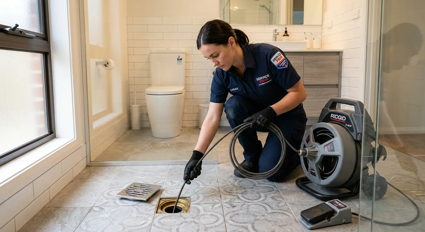 Technician clearing a bathroom floor drain for Drain Cleaning in Marion